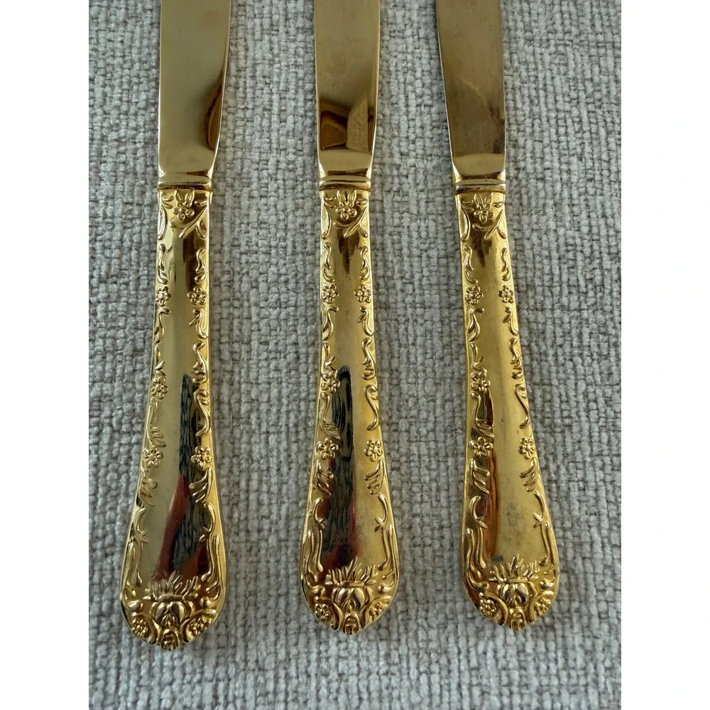 Vintage Wm Rogers & Son Golden Enchanted Rose Gold Electroplate Dinner Knives x3